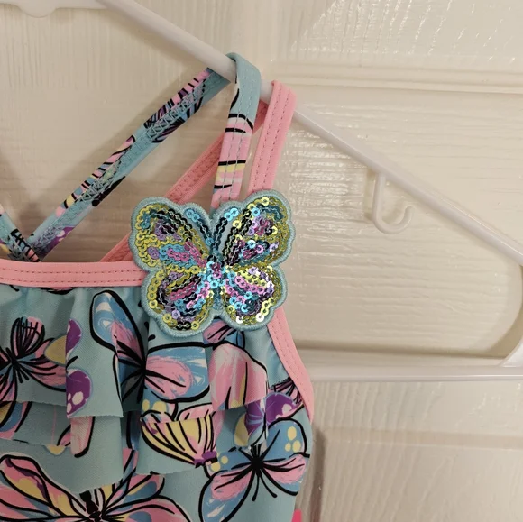 Betsey Johnson Pink Blue Girls Kids Toddler Size T2 Butterfly Swimsuit Sequins - Picture 1 of 9